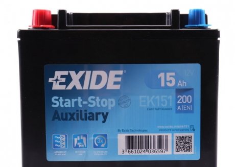 Акумуляторна батарея 15Ah/200A (150x90x145/+L) (Start-Stop/допоміжна) EXIDE EK151 (фото 1)