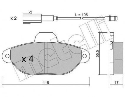 Колодки гальмівні (передні) Fiat 500 07-/Ford Ka 08- (+датчики L=195mm) Metelli 22-0159-3