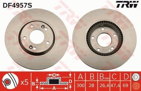 Гальмівний диск перед. Hyundai I30 /Kia Cee\'D/ Cerato III 1.4-2.6 11 - (300x28) TRW DF4957S